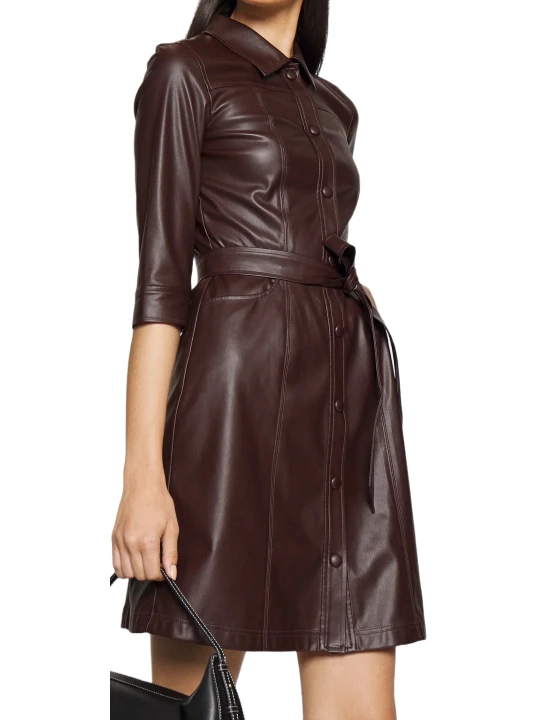 Down Collar Belted Dark Brown Leather Dress Down Collar Belted Dark Brown Leather Dress