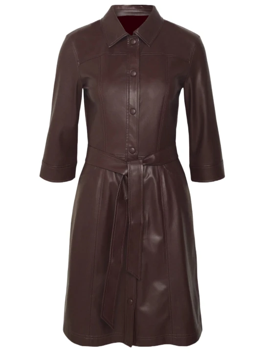 Down Collar Belted Dark Brown Leather Dress Down Collar Belted Dark Brown Leather Dress