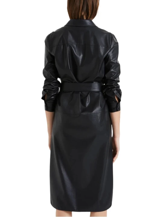 Fitted Black Leather Shirt Dress With Belt