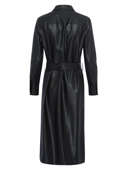 Fitted Black Leather Shirt Dress With Belt