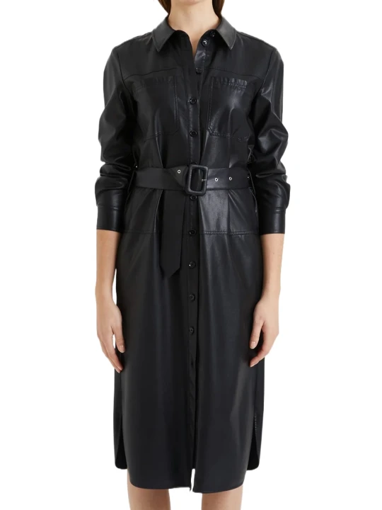 Fitted Black Leather Shirt Dress With Belt