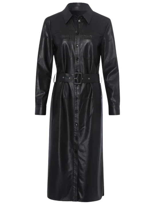 Fitted Black Leather Shirt Dress With Belt