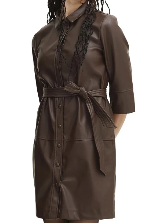 Half Sleeves Brown Leather Dress