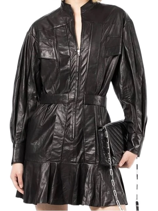 Lambskin Zip Up Black Short Leather Dress
