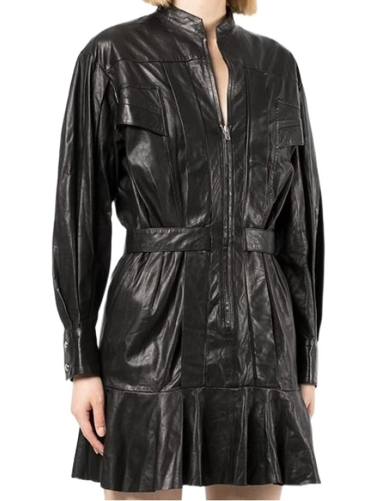 Lambskin Zip Up Black Short Leather Dress
