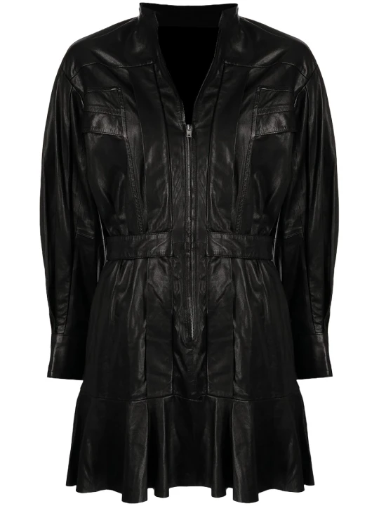 Lambskin Zip Up Black Short Leather Dress