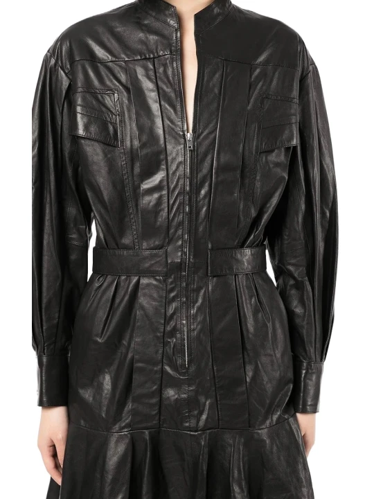 Lambskin Zip Up Black Short Leather Dress