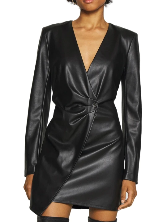 Mini Front Button Black Leather Dress