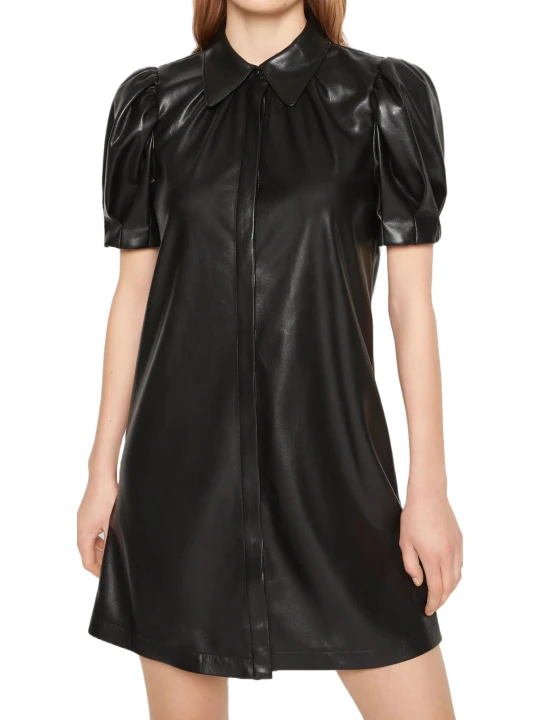 Puff Sleeves Black Leather Dress