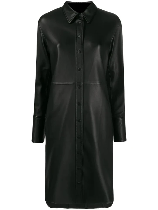 Regular Collar Black Mini Length Leather Dress