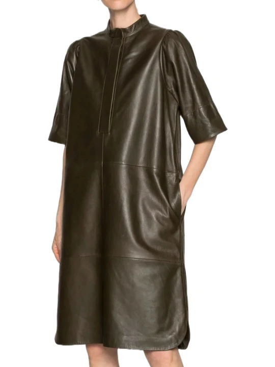 Round Collar Brown Leather Dress