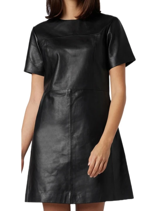 Round Neck Black Leather Dress