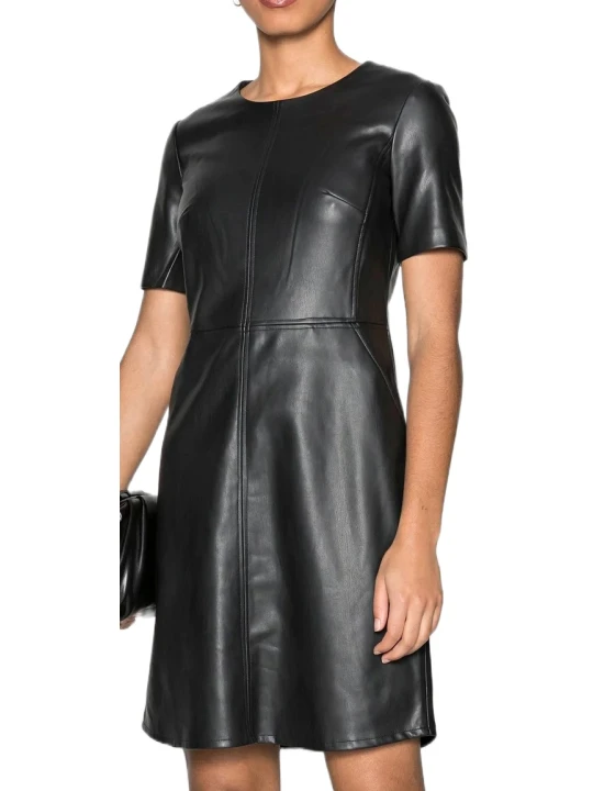 Short Sleeves Midi Black Leather Dress