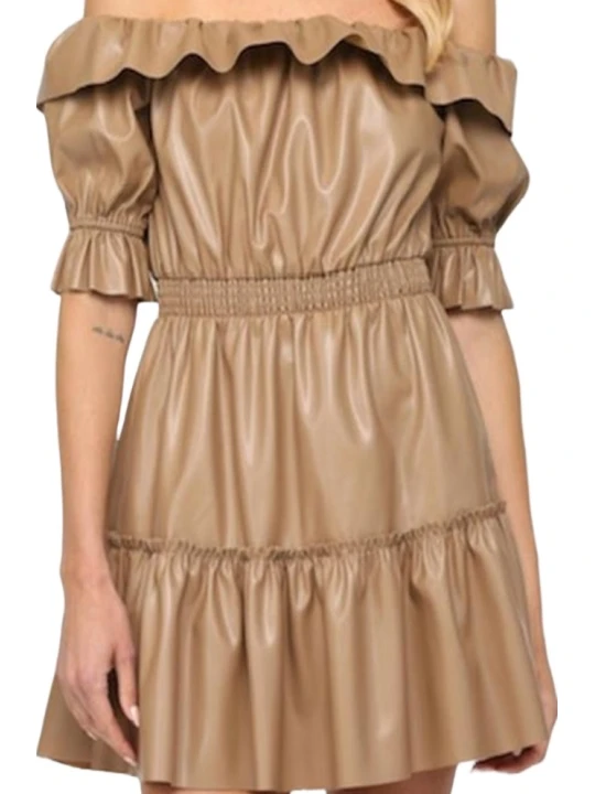 Shoulder Less Beige Leather Dress