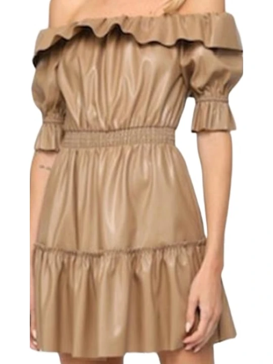 Shoulder Less Beige Leather Dress