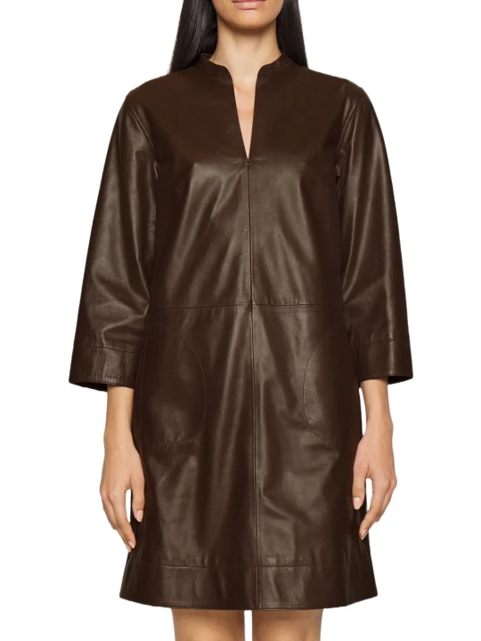 V Neck Brown Leather Dress