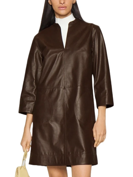 V Neck Brown Leather Dress