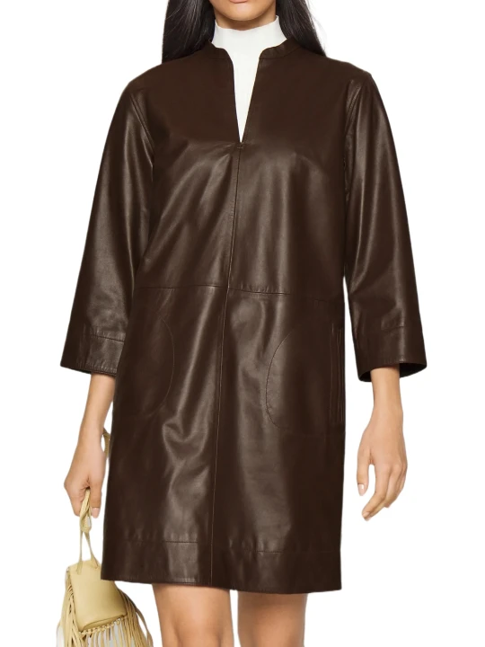 V Neck Brown Leather Dress