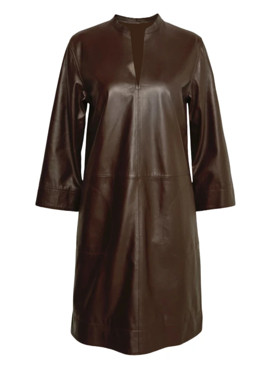 V Neck Brown Leather Dress