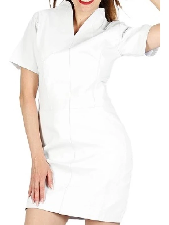 V Neckline Soft White Leather Dress