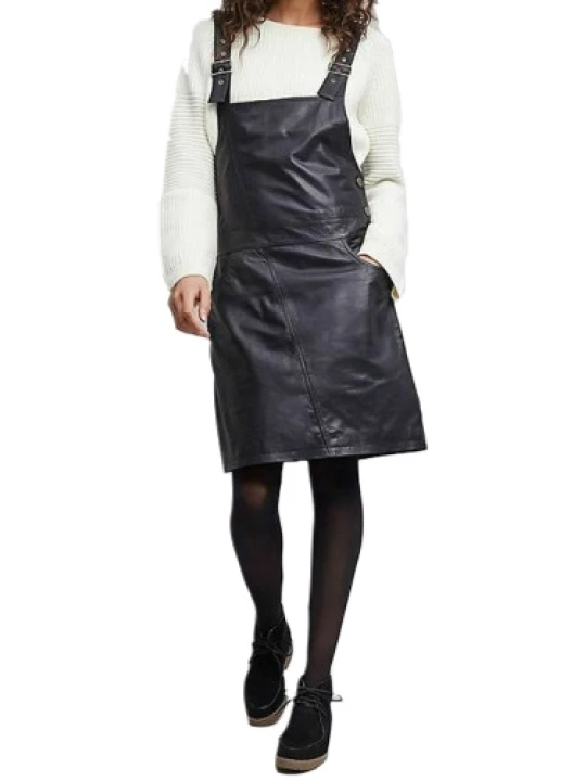 Women Edgy Look Real Lambskin Navy Blue Leather Dungaree Dress