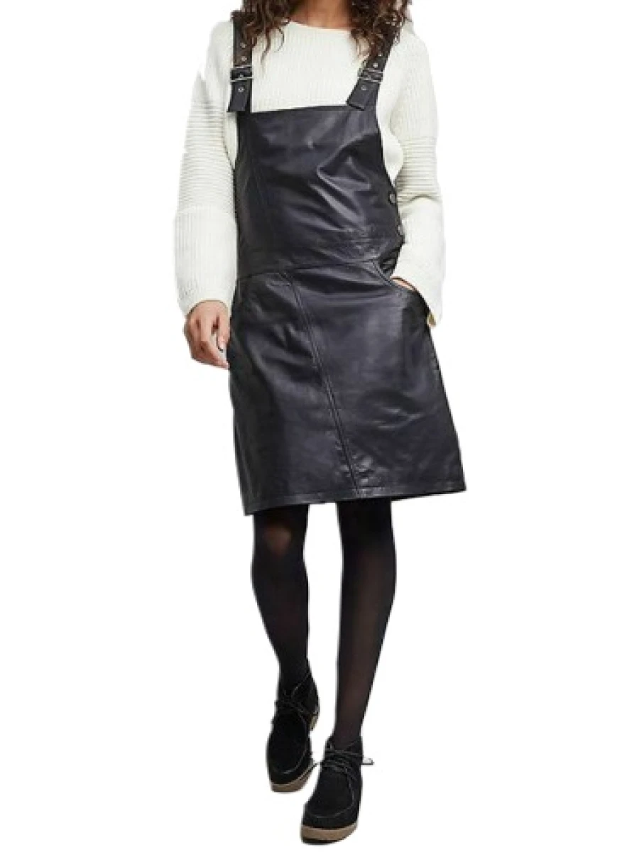 Women Edgy Look Real Lambskin Navy Blue Leather Dungaree Dress