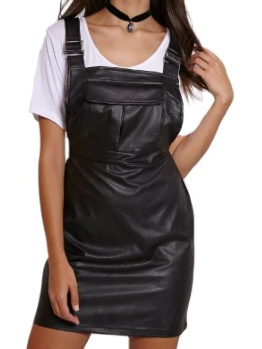Women Fabulous Look Real Lambskin Black Leather Dungaree Dress