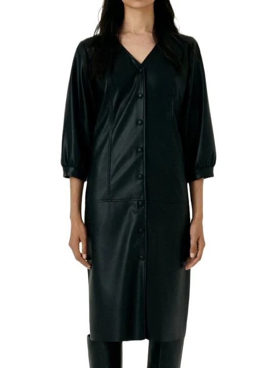 Women Waist Black Leather Dress 