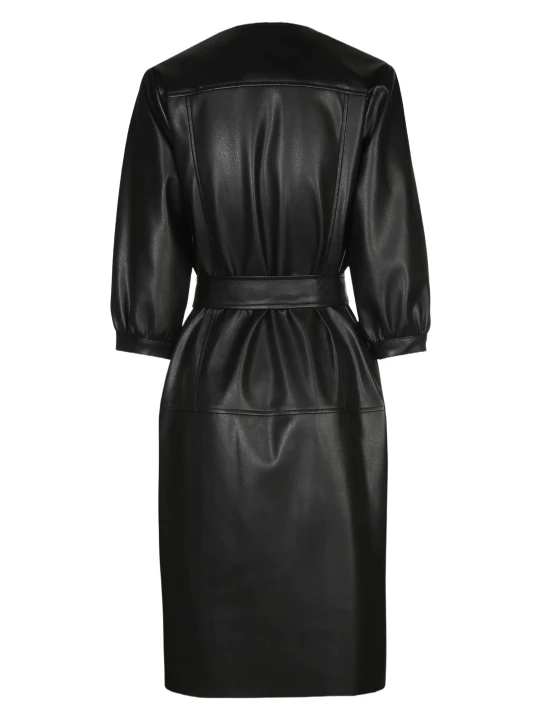 Women Waist Black Leather Dress 