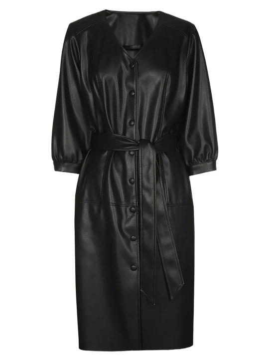 Women Waist Black Leather Dress 