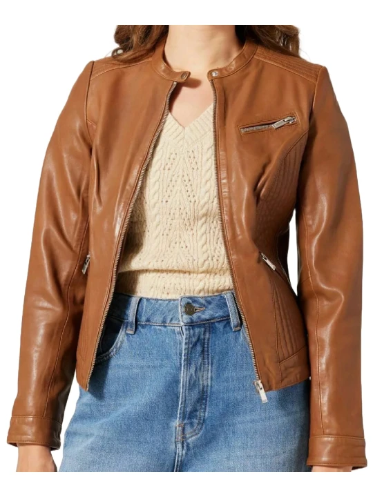 Brown Mandarin Collar Leather Jacket