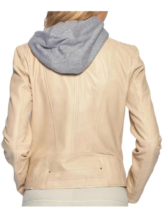 Beige Quilted Shoulder Hooded Leather Jacket