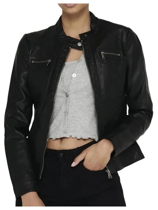 Black Stand Collar Real Leather Jacket