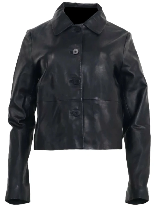 Black Down Collar Leather Jacket