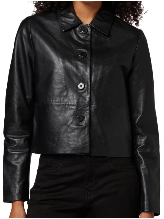Black Down Collar Leather Jacket