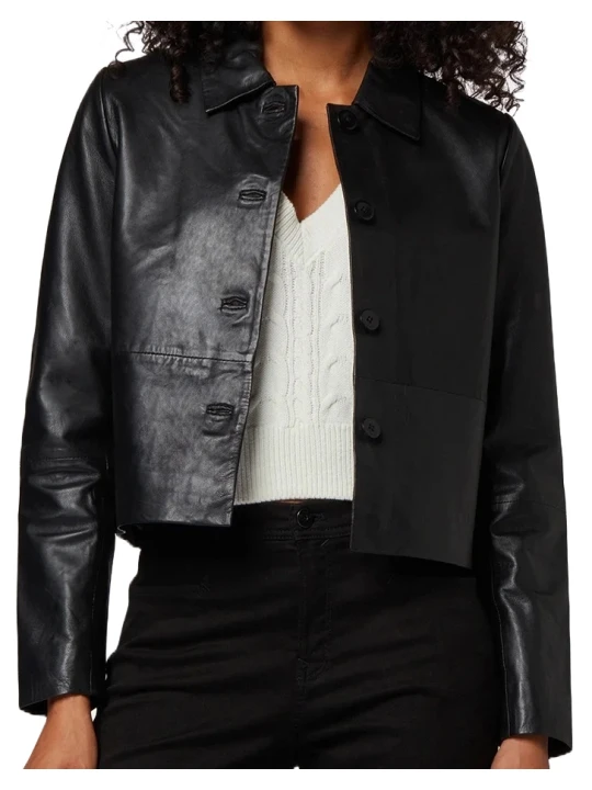 Black Down Collar Leather Jacket
