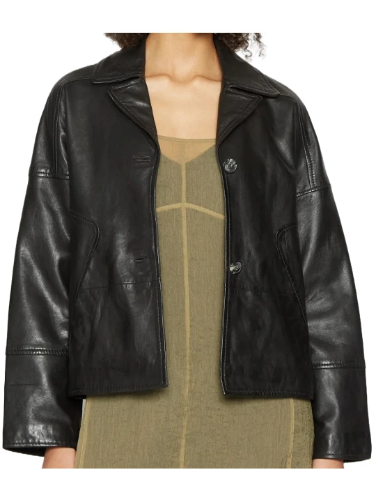 Black Front Button Leather Jacket