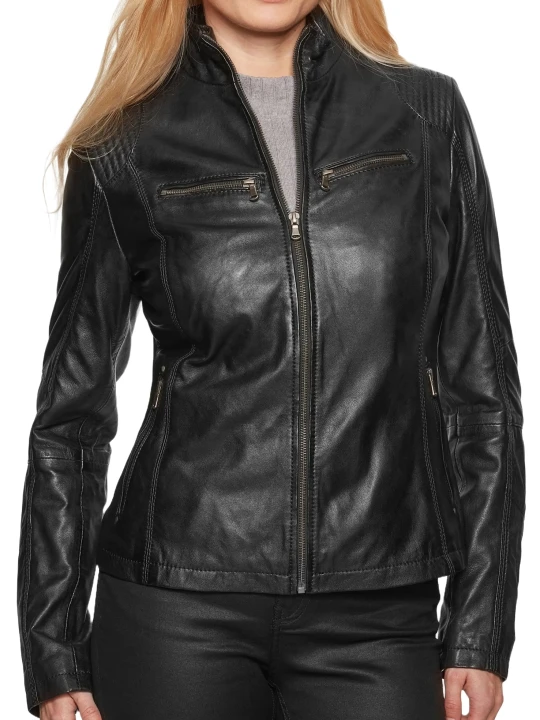 Black Leather Jacket With Quilted Shoulder