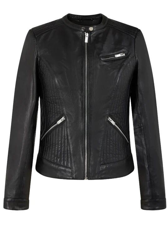 Black Mandarin Collar Leather Jacket