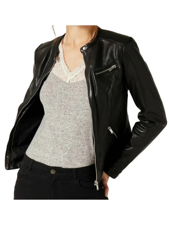 Black Mandarin Collar Leather Jacket