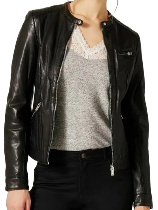 Black Mandarin Collar Leather Jacket