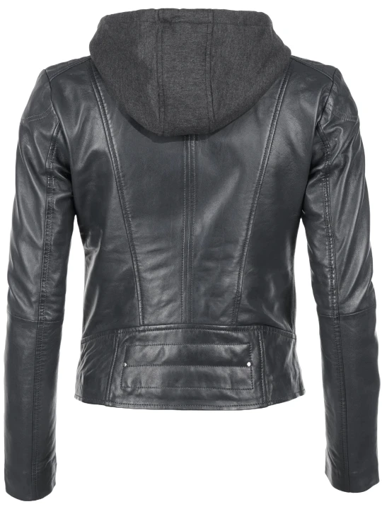 Black Quilted Shoulder Hooded Leather Jacket