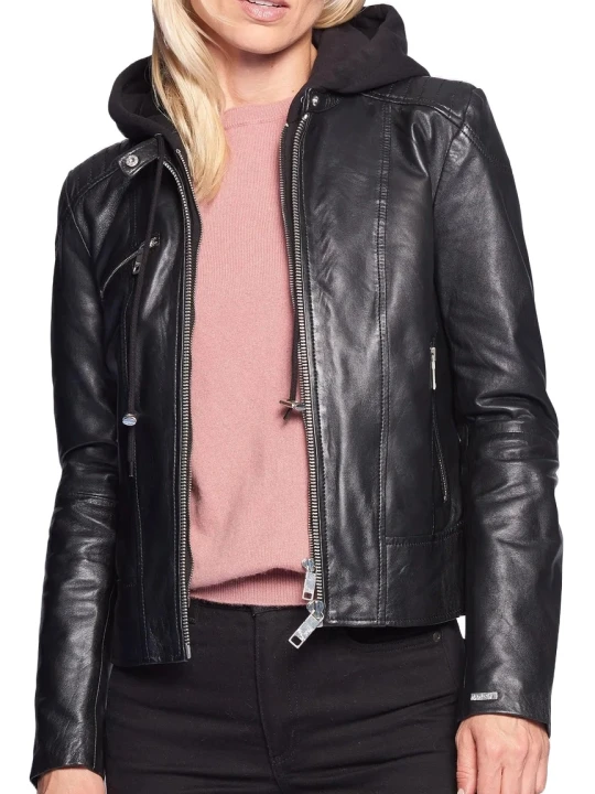 Black Quilted Shoulder Hooded Leather Jacket