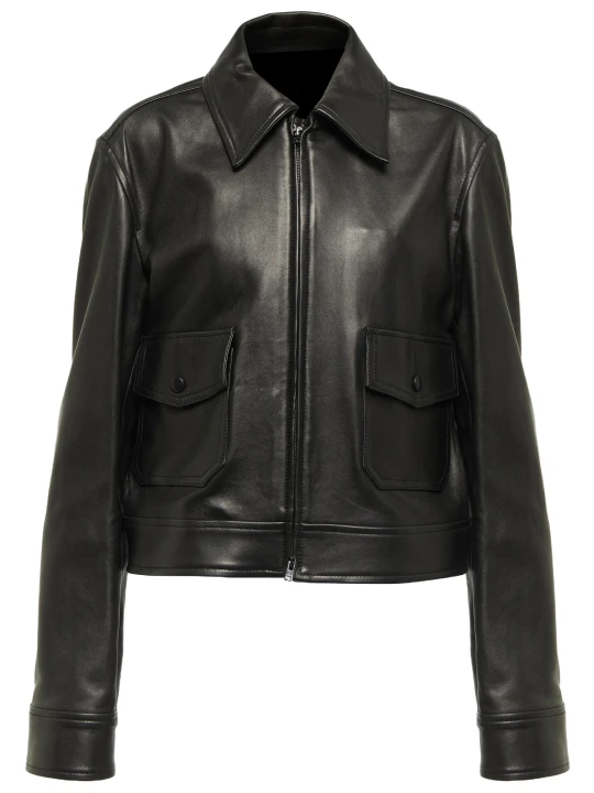 Black Snap Button Pockets Leather Jacket