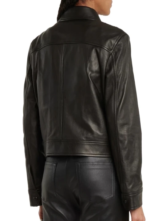 Black Snap Button Pockets Leather Jacket