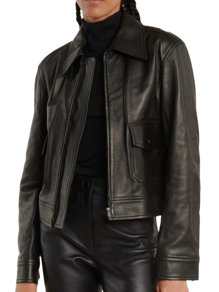 Black Snap Button Pockets Leather Jacket