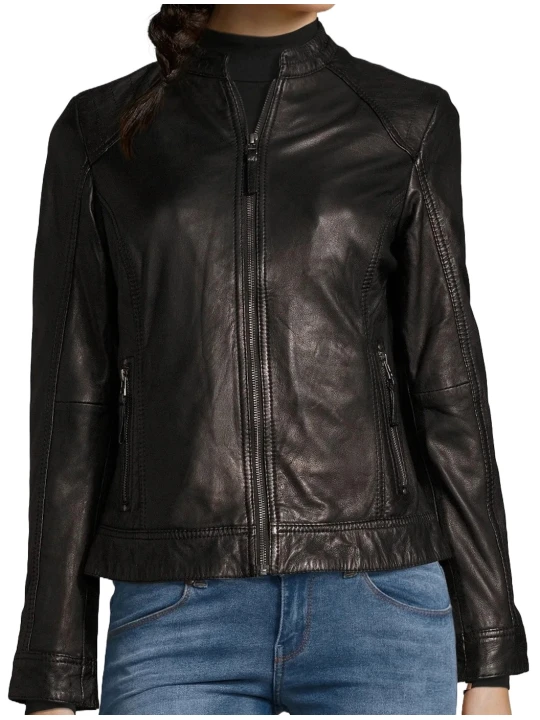 Black Standing Collar Leather Jacket