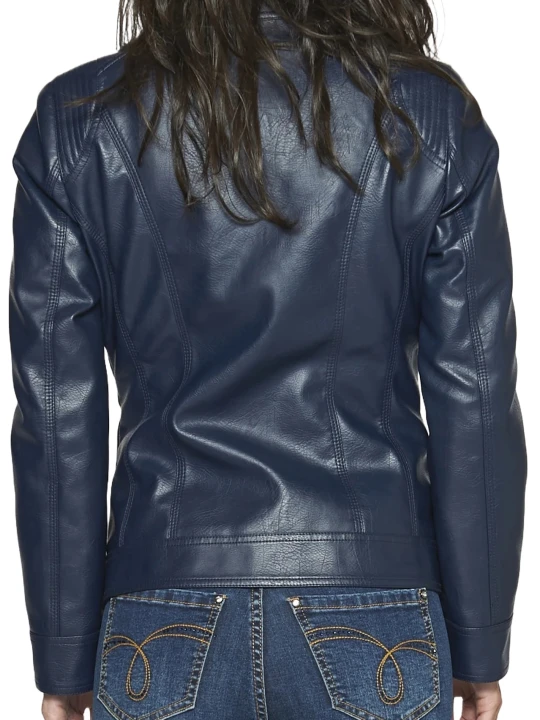 Navy Blue Front Zipper Leather Jacket