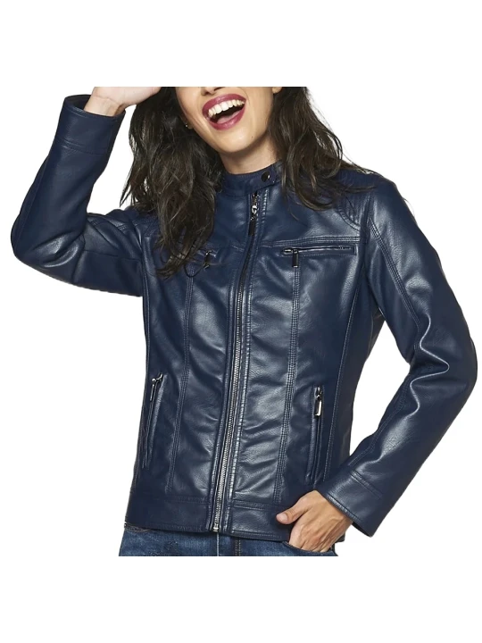 Navy Blue Front Zipper Leather Jacket