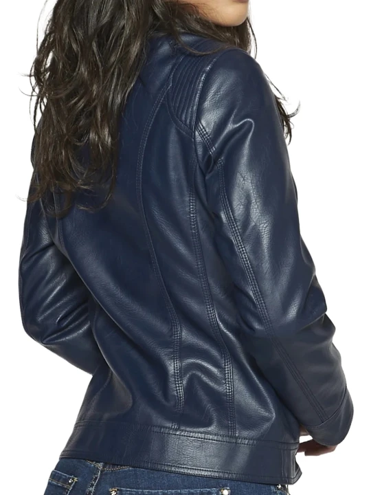 Navy Blue Front Zipper Leather Jacket
